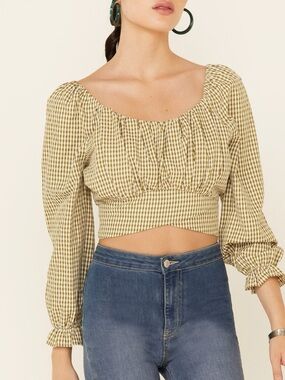 Beyond the Radar -Checkered Crop Top. - Green & Off white/cream